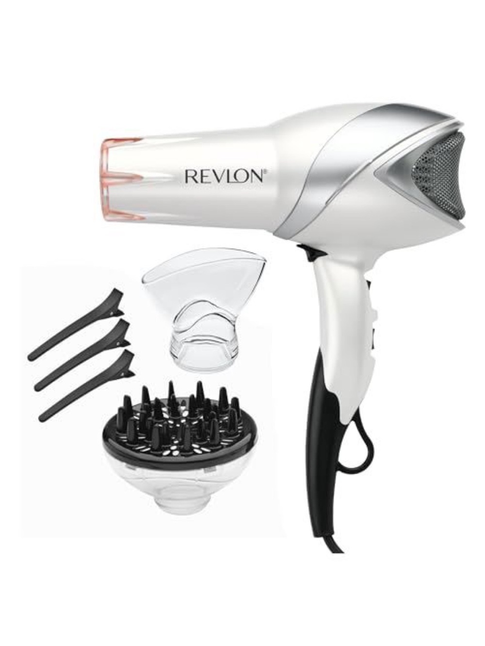 Revlon White and Silver Hair Dryer with Black Handle and Nozzle